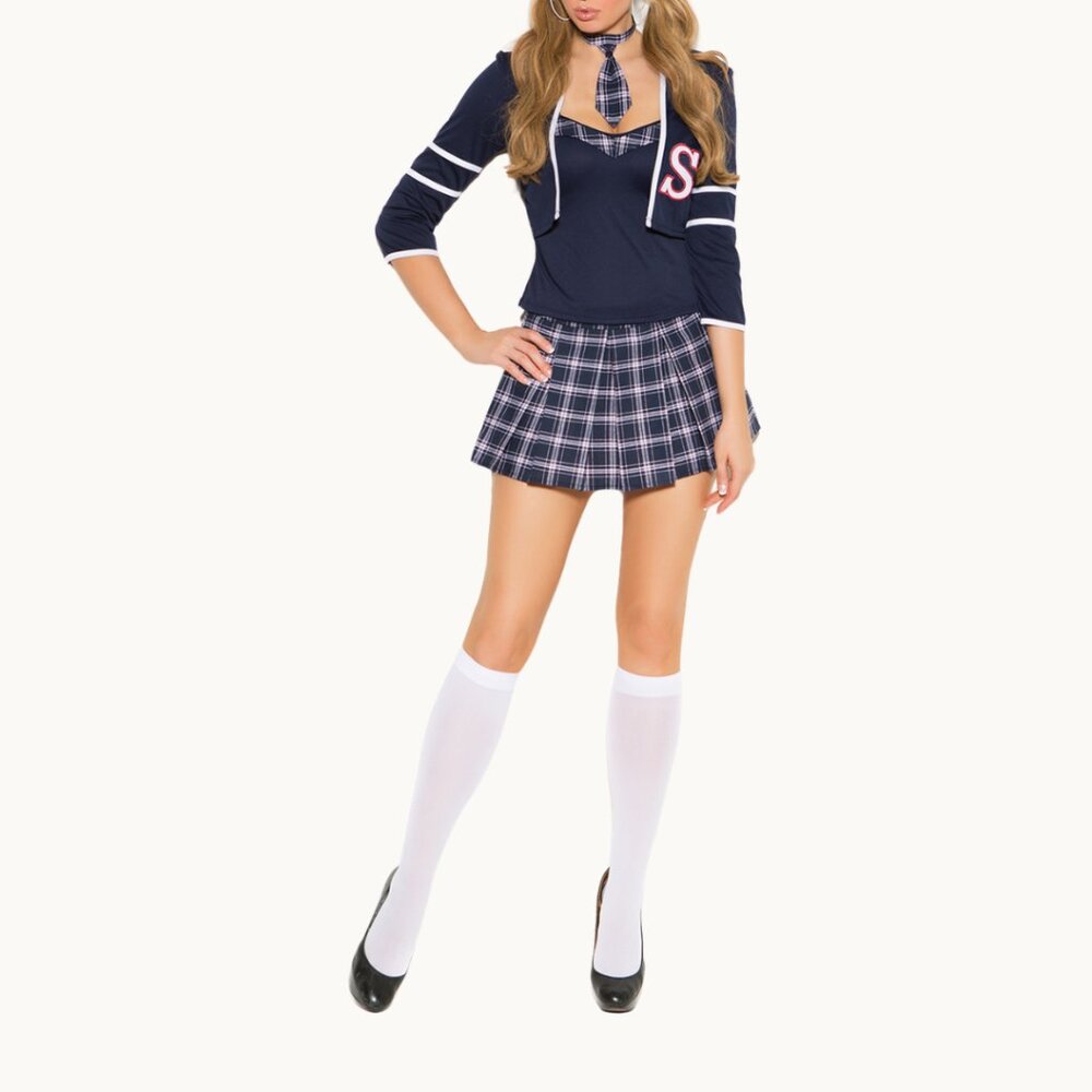 Schoolgirl Costume 4-Piece Set Navy Plaid Pleated Skirt Jacket - Picture 4 of 9